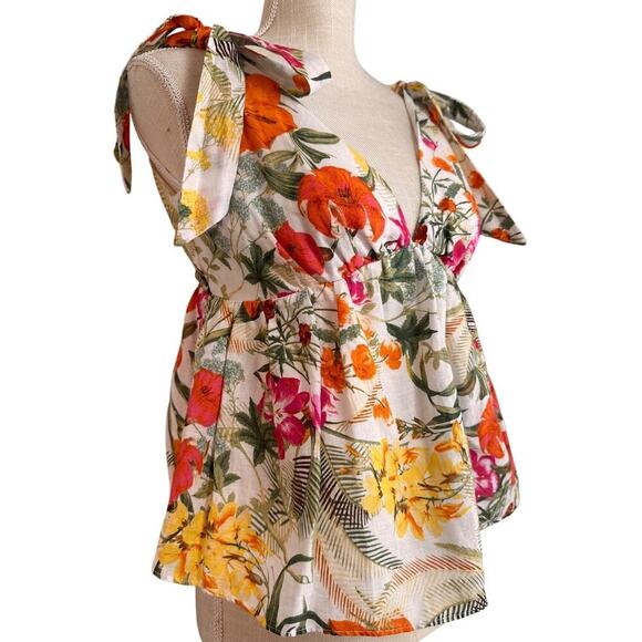 Chelsea & Violet Tropical Floral Linen Blend Babydoll Y2K Tie Straps Tank Top M - Picture 11 of 12